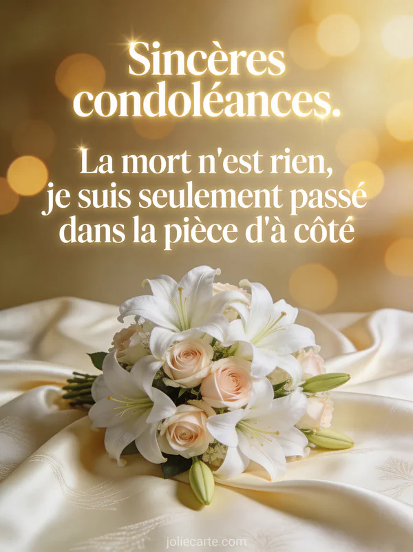 Bouquet de lys blancs et roses pâles posé sur un tissu de soie crème avec lumière dorée douce