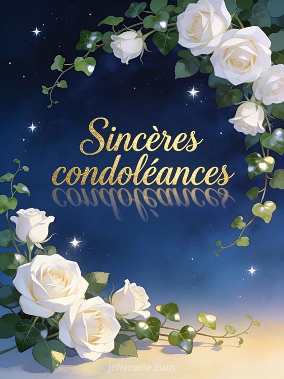 Roses blanches en cascade avec du lierre sur fond bleu nuit et lettres dorées calligraphiées Sincères condoléances