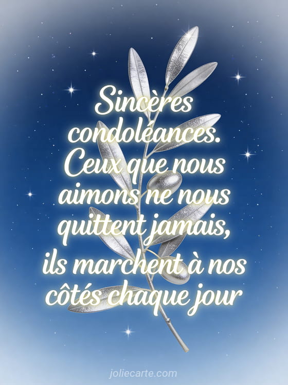 Branche d'olivier argentée sur fond bleu nuit étoilé avec texte calligraphié de condoléances