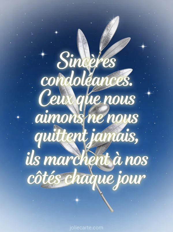 Branche d'olivier argentée sur fond bleu nuit étoilé avec texte calligraphié de condoléances