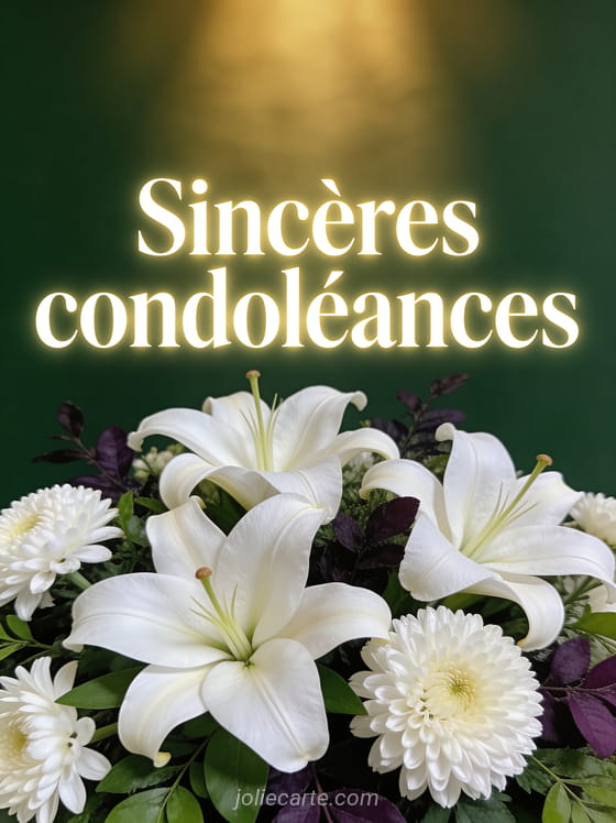 Arrangement solennel de lys blancs et chrysanthèmes sur fond vert profond avec le texte Sincères condoléances
