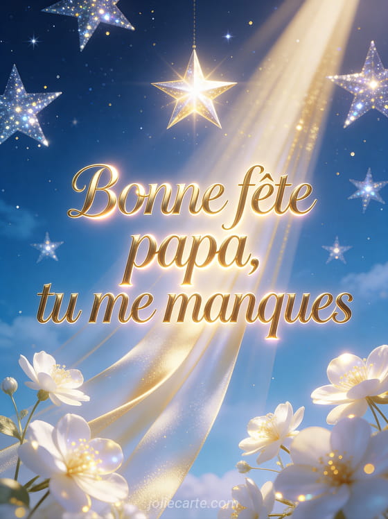 Ciel bleu profond parsemé d'étoiles avec une grande étoile brillante et rayons dorés avec fleurs blanches