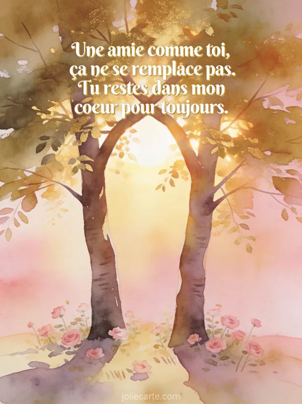 Deux arbres dont les branches s'entrelacent dans la lumière dorée du soleil couchant avec des fleurs roses au sol