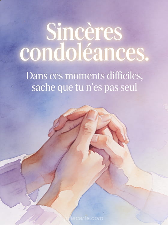 Deux mains serrées en illustration aquarelle aux tons pastel lavande et bleu clair avec texte de condoléances