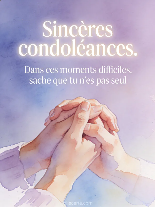 Deux mains serrées en illustration aquarelle aux tons pastel lavande et bleu clair avec texte de condoléances
