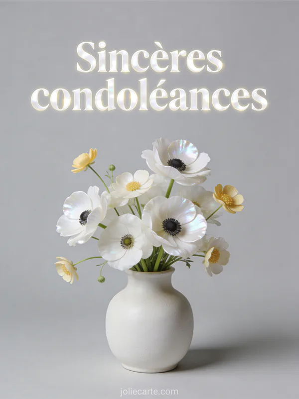Anémones blanches et renoncules dans un vase en céramique blanche sur fond gris perle avec le texte Sincères condoléances