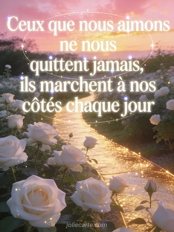 Chemin de lumière dorée traversant un jardin de roses blanches au coucher du soleil avec ciel rose et or