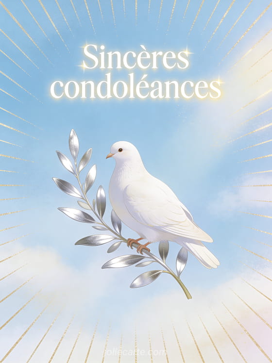 Colombe blanche posée sur une branche d'olivier avec feuilles argentées sur fond bleu ciel pastel et rayons de lumière dorée