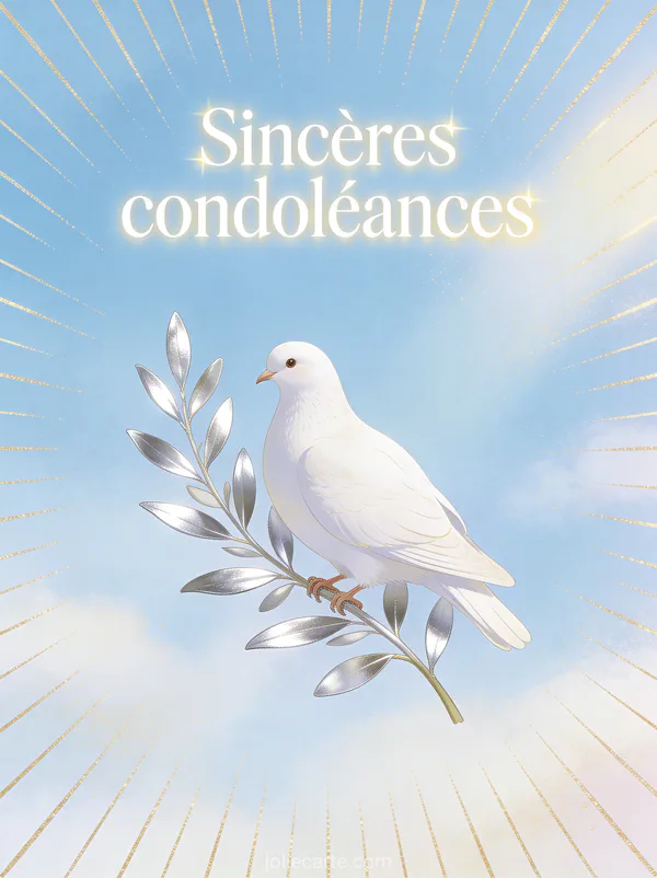 Colombe blanche posée sur une branche d'olivier avec feuilles argentées sur fond bleu ciel pastel et rayons de lumière dorée