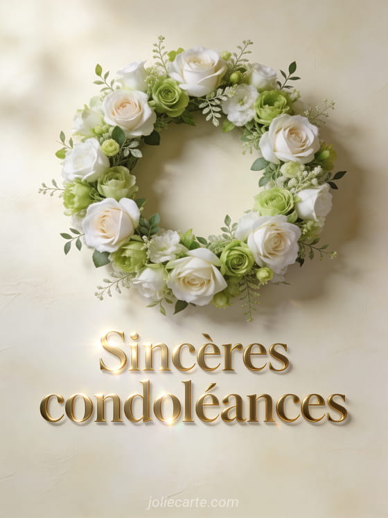 Couronne de fleurs blanches et vertes avec roses et feuillage délicat sur fond crème texturé