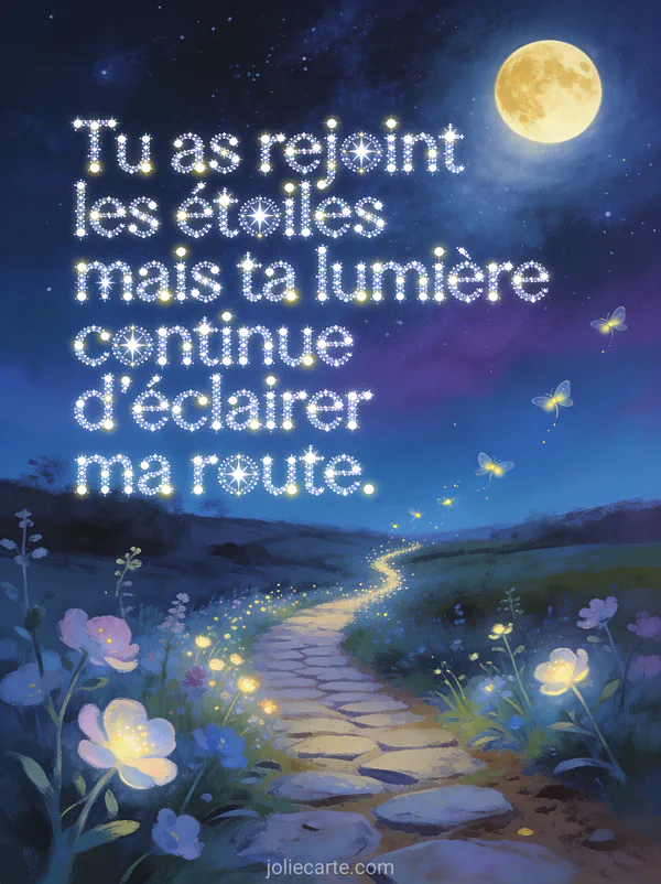 Sentier de campagne éclairé par la lune sous un ciel étoilé avec des lucioles et des fleurs sauvages lumineuses