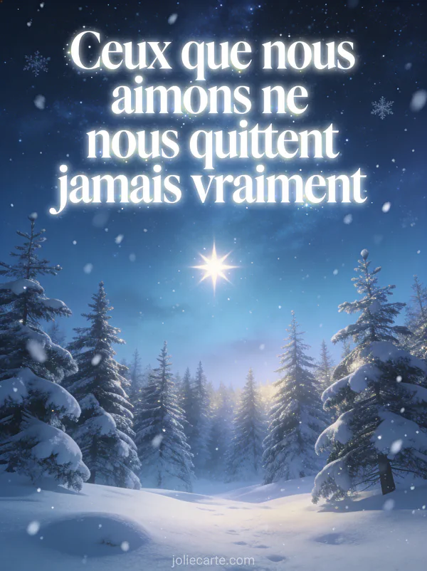 Forêt de sapins enneigés sous un ciel étoilé avec une étoile brillante et flocons de neige