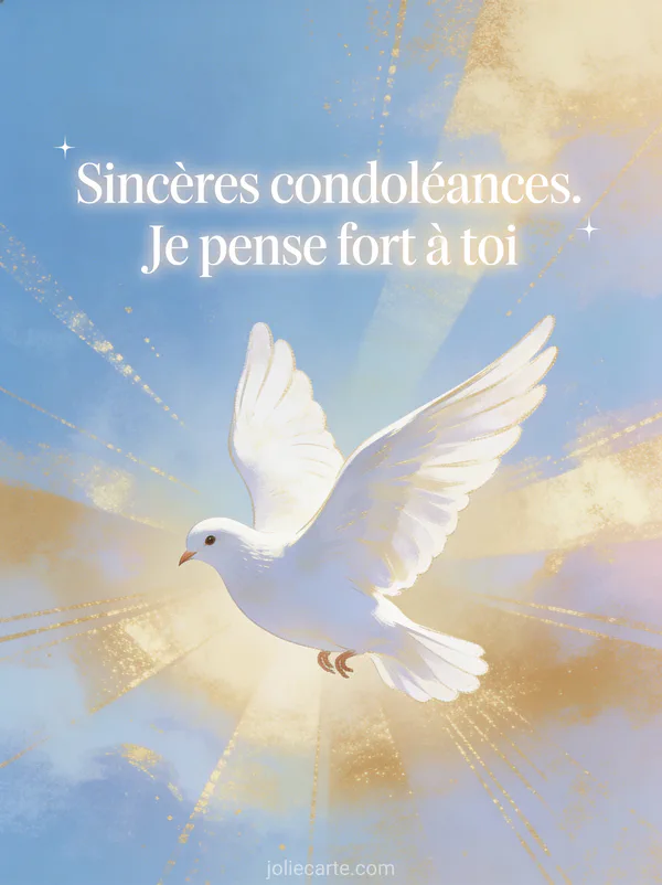 Colombe blanche en vol devant un ciel bleu pastel et or avec rayons de lumière dorée