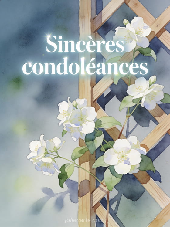 Illustration aquarelle de fleurs de jasmin blanches sur une treille en bois sur fond bleu-gris avec le texte Sincères condoléances