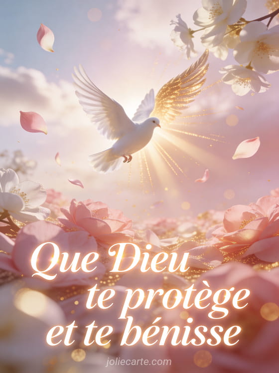 Colombe blanche en vol portée par des rayons de soleil dorés avec pétales de fleurs blanches flottants