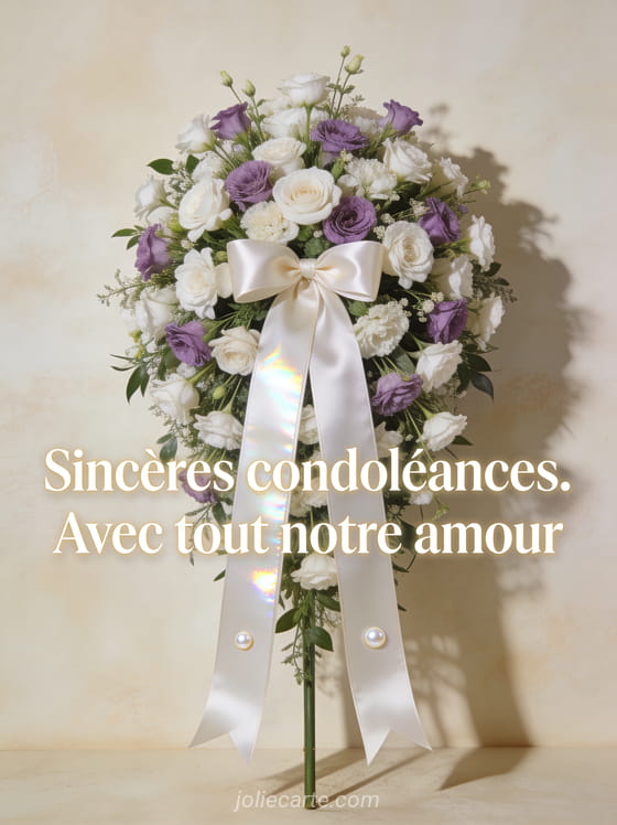 Gerbe de fleurs blanches et mauves avec un ruban de soie sur fond crème texturé et texte Sincères condoléances