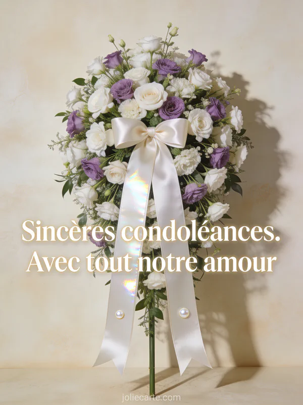 Gerbe de fleurs blanches et mauves avec un ruban de soie sur fond crème texturé et texte Sincères condoléances