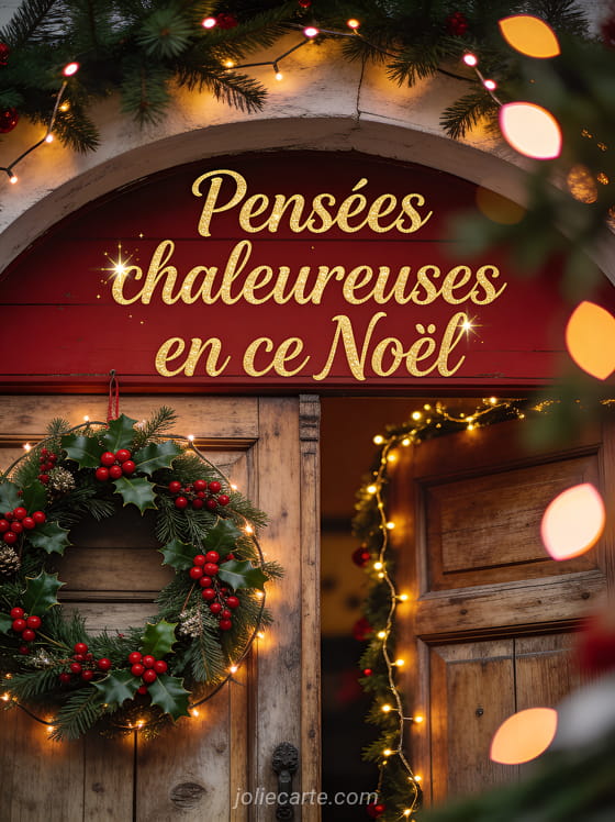 Couronne de Noël ornée de houx et baies rouges sur porte rustique avec guirlandes lumineuses