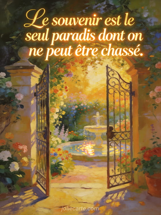 Portail de jardin en fer forgé entrouvert donnant sur un jardin paradisiaque baigné de lumière dorée avec fontaine et fleurs