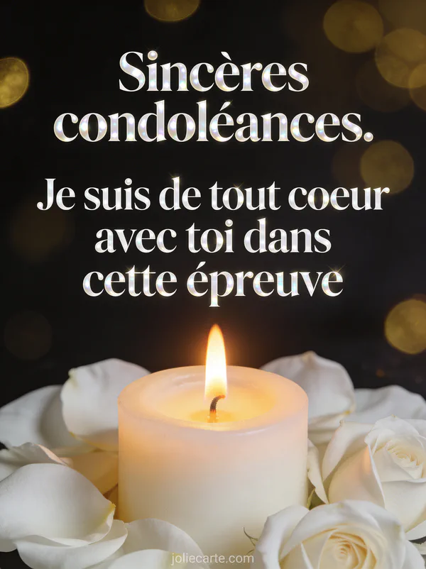 Bougie allumée à flamme chaude entourée de pétales de roses blanches sur fond sombre avec lumière dorée