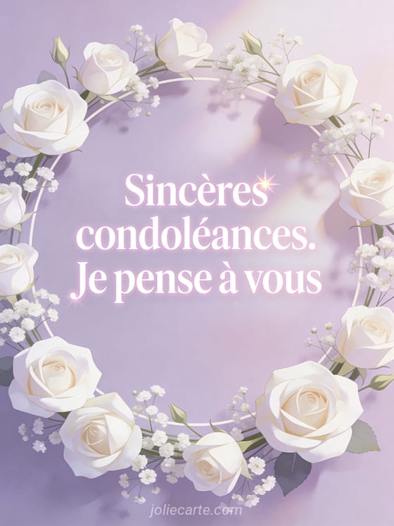 Roses blanches et gypsophile en composition ronde sur fond pastel lavande avec le texte Sincères condoléances