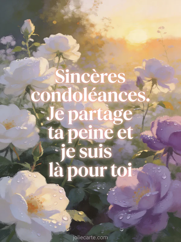 Jardin de fleurs blanches et mauves au lever du soleil avec rosée sur les pétales et lumière dorée