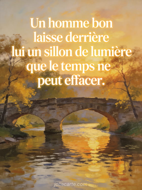 Vieux pont de pierre au-dessus d'une rivière calme au coucher du soleil avec arbres aux feuilles dorées style impressionniste