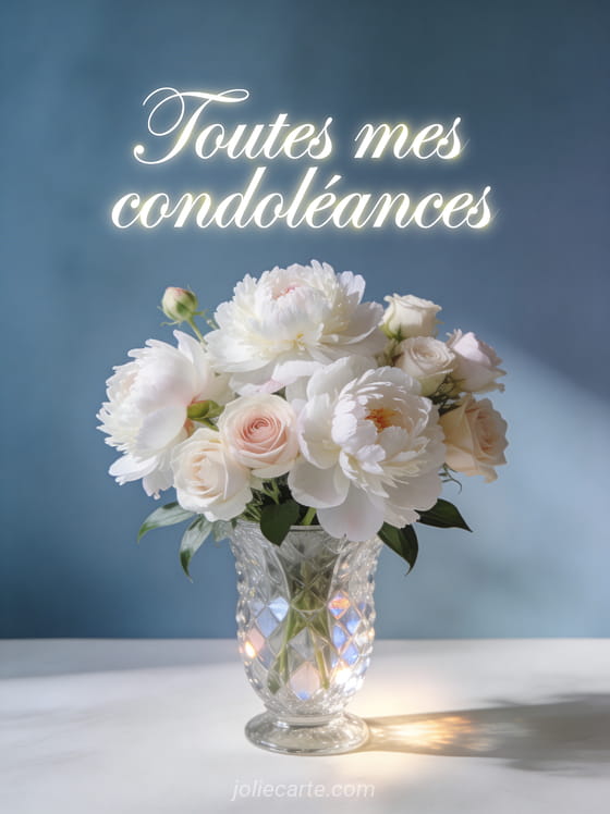 Pivoines blanches et roses pâles dans un vase en cristal sur fond bleu-gris avec lumière naturelle