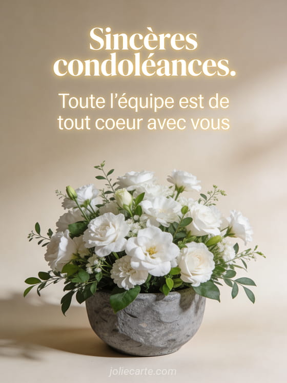 Arrangement simple de fleurs blanches et feuillage vert dans un pot en grès sur fond beige clair avec texte de condoléances