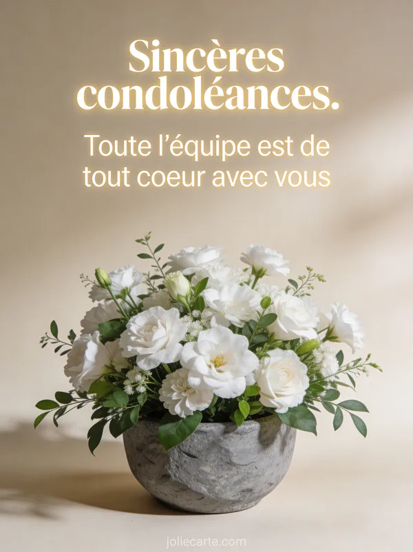 Arrangement simple de fleurs blanches et feuillage vert dans un pot en grès sur fond beige clair avec texte de condoléances