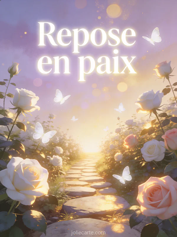 Jardin paisible avec roses blanches et roses éclairées par lumière dorée avec allée de pierres et papillons