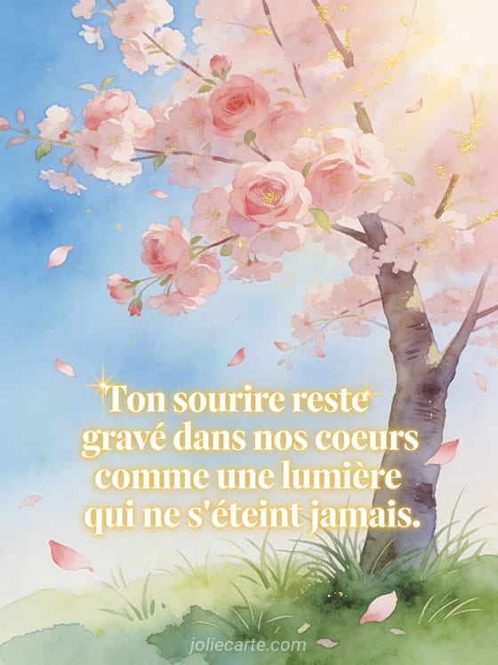 Cerisier en fleurs roses sous un ciel bleu clair avec pétales volant au vent et lumière dorée du soleil style aquarelle