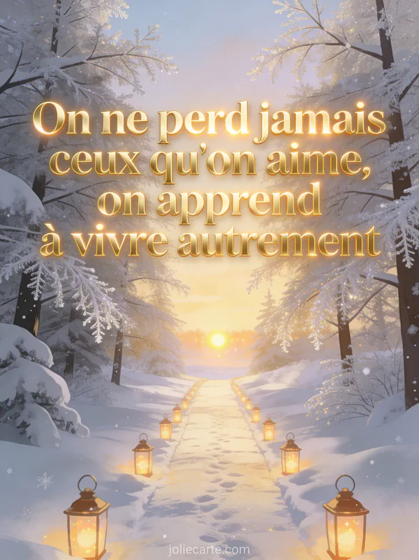 Chemin enneigé bordé de lanternes allumées menant vers un horizon lumineux avec arbres givrés