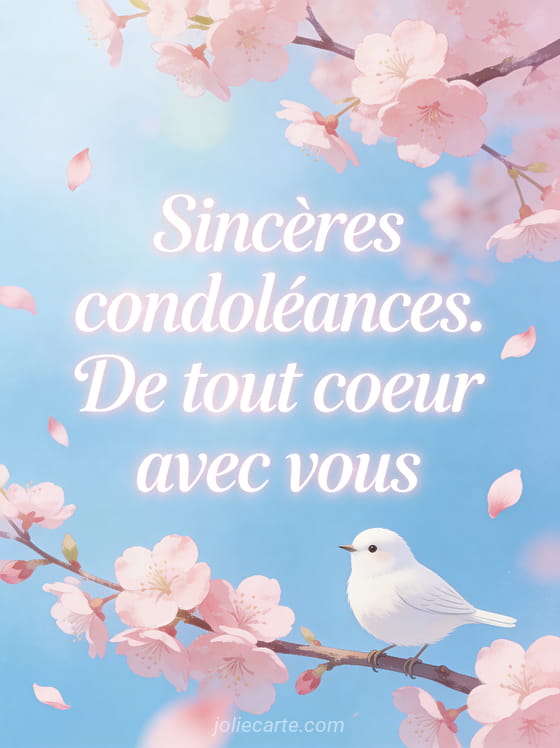 Petit oiseau blanc posé sur une branche de cerisier en fleurs avec pétales roses qui tombent sur fond bleu pastel