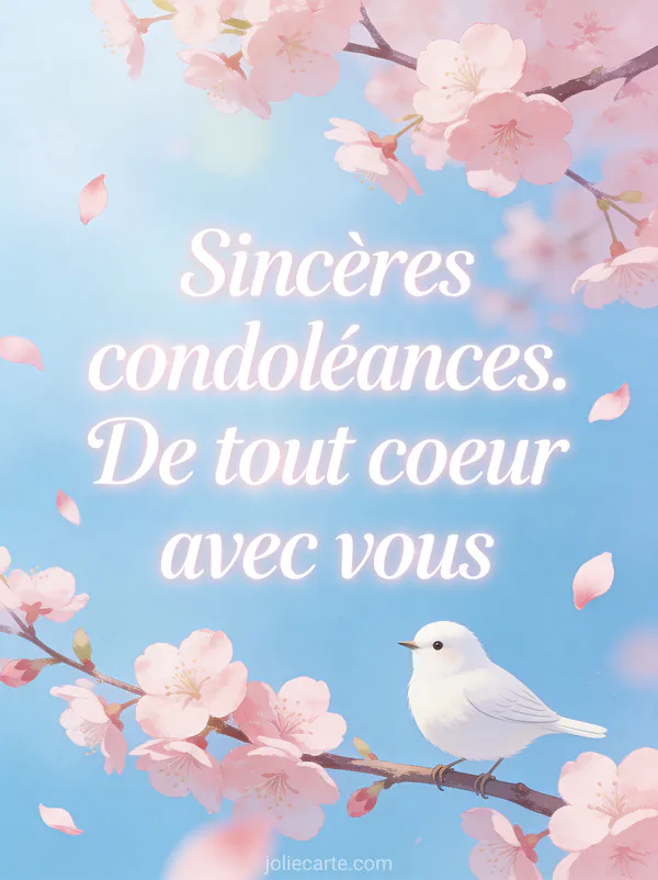 Petit oiseau blanc posé sur une branche de cerisier en fleurs avec pétales roses qui tombent sur fond bleu pastel