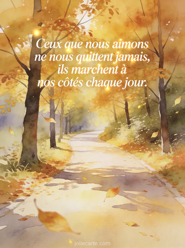 Chemin bordé d'arbres en automne baigné de lumière dorée avec feuilles dorées et cuivrées qui volent