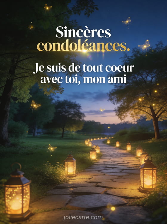 Chemin bordé de lanternes lumineuses dans un parc verdoyant au crépuscule avec lucioles dorées