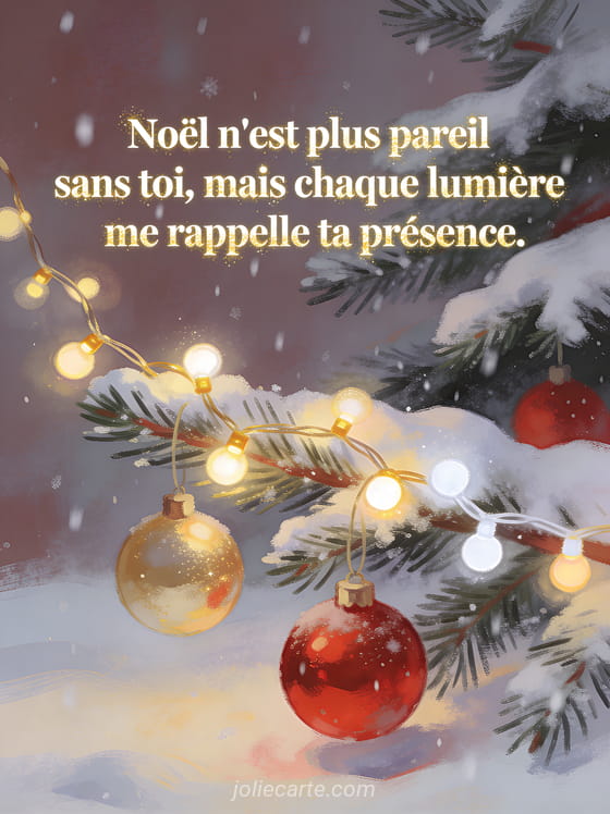 Guirlandes lumineuses dorées et blanches sur branche de sapin eneigée avec boules de Noël rouges et dorées et neige