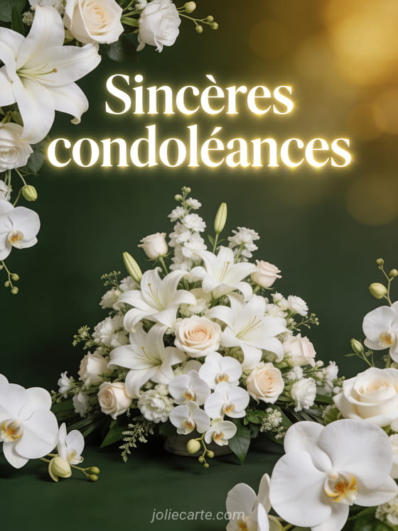 Arrangement de fleurs blanches avec lys roses orchidées sur fond vert sombre et lumière tamisée dorée