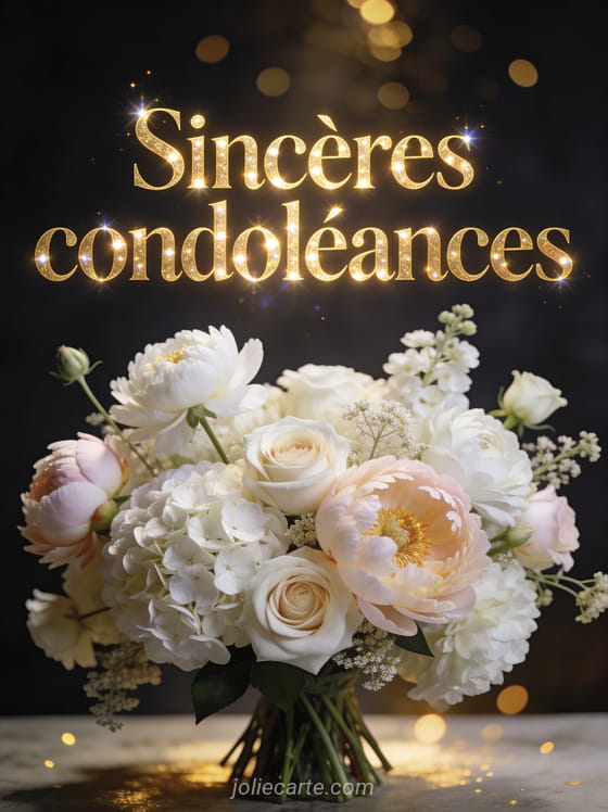 Arrangement de pivoines roses roses et hortensias blancs sur fond sombre avec éclats de lumière dorée et texte doré scintillant