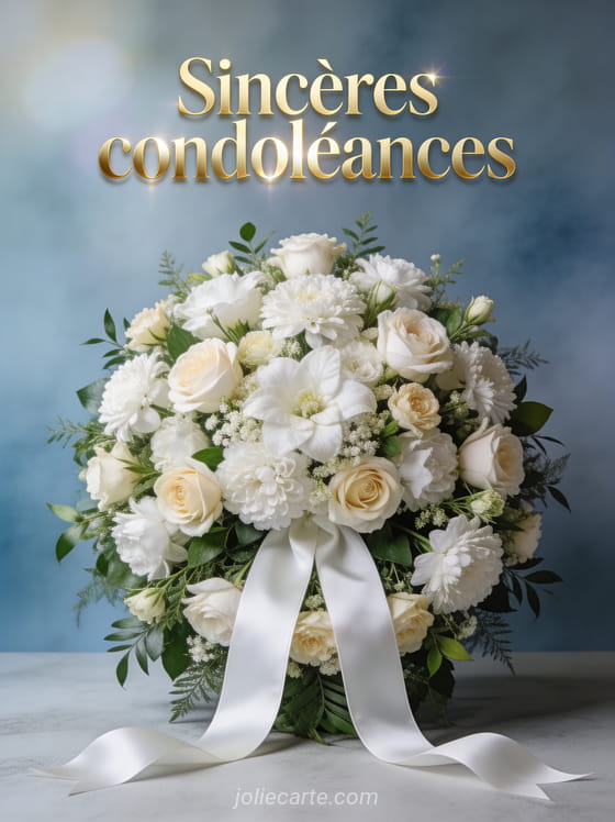 Grande gerbe de fleurs blanches et crème avec feuillage vert et rubans de soie blanche sur fond gris-bleu