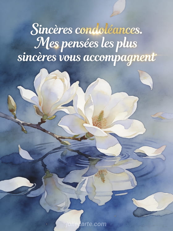 Aquarelle de fleurs de magnolia blanches sur fond bleu-gris avec pétales flottants et texte calligraphié blanc et doré