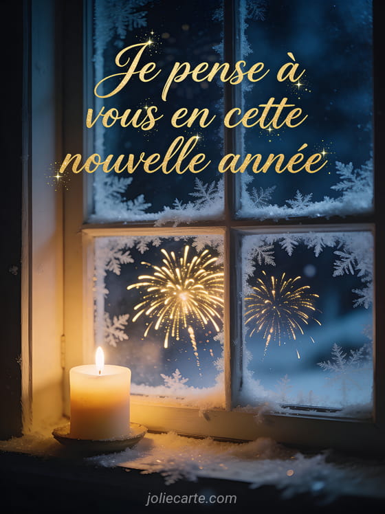 Fenêtre givrée avec cristaux de glace et feu d'artifice doré dans le ciel nocturne avec bougie allumée