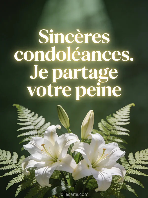 Composition de lys blancs et fougères sur fond vert sombre avec lumière naturelle douce et texte blanc élégant