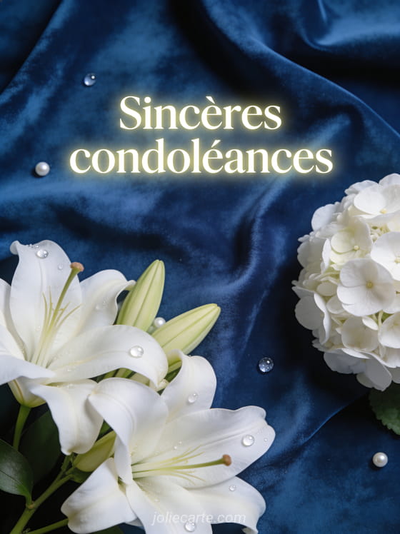 Fleurs de lys et hortensias blancs disposés sur tissu de velours bleu nuit avec perles de rosée