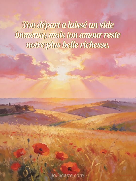 Paysage de campagne vallonné au lever du soleil avec champs dorés coquelicots rouges et ciel rosé style peinture à l'huile