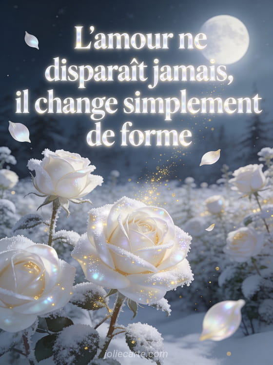 Roses blanches givrées scintillantes sous la lune avec pétales se transformant en particules lumineuses dorées
