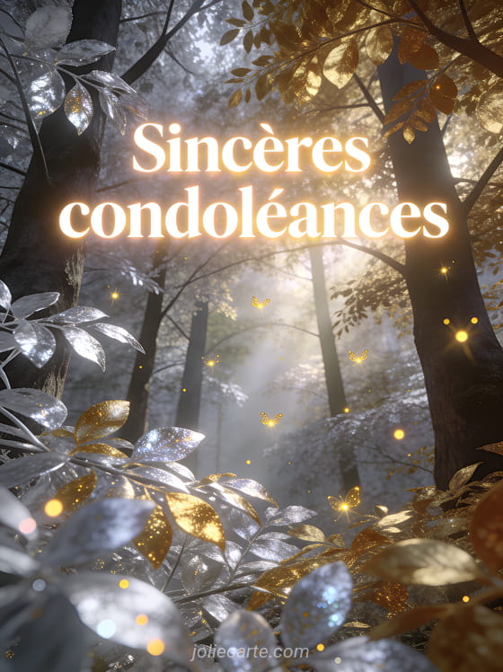 Forêt féérique avec arbres aux feuilles argentées et dorées lumière filtrant entre les branches et lucioles dorées