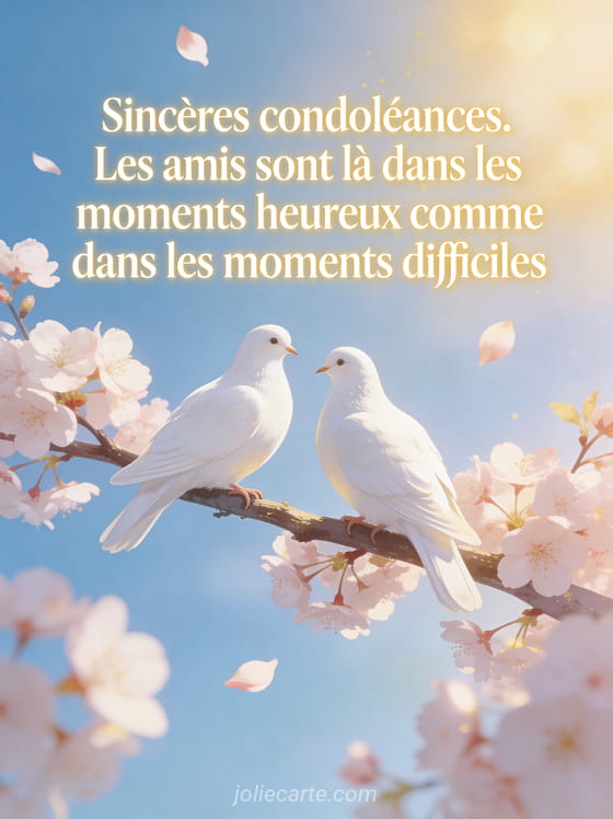 Deux colombes blanches posées sur une branche fleurie de cerisier avec pétales volant dans lumière dorée