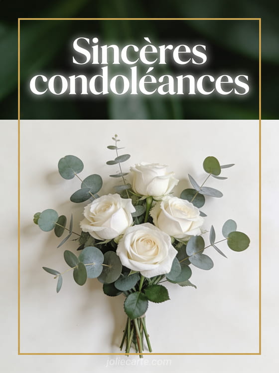 Roses blanches et eucalyptus sur fond blanc cassé avec bordure dorée et texte blanc moderne Sincères condoléances